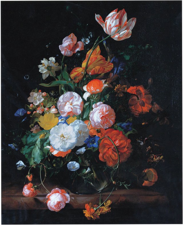 Roses, tulips and other flowers in a glass vase on a marble ledge by Rachel Ruysch