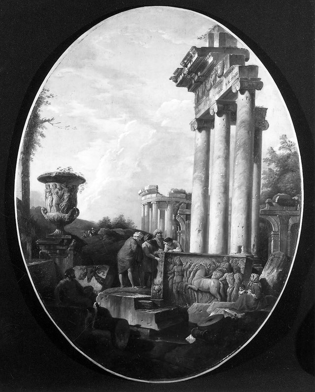 Capriccio of Roman Ruins with a Bas-Relief of a Charioteer by Giovanni Paolo Panini