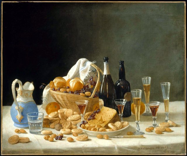 Still Life with Wine Bottles and Basket of Fruit by John F. Francis