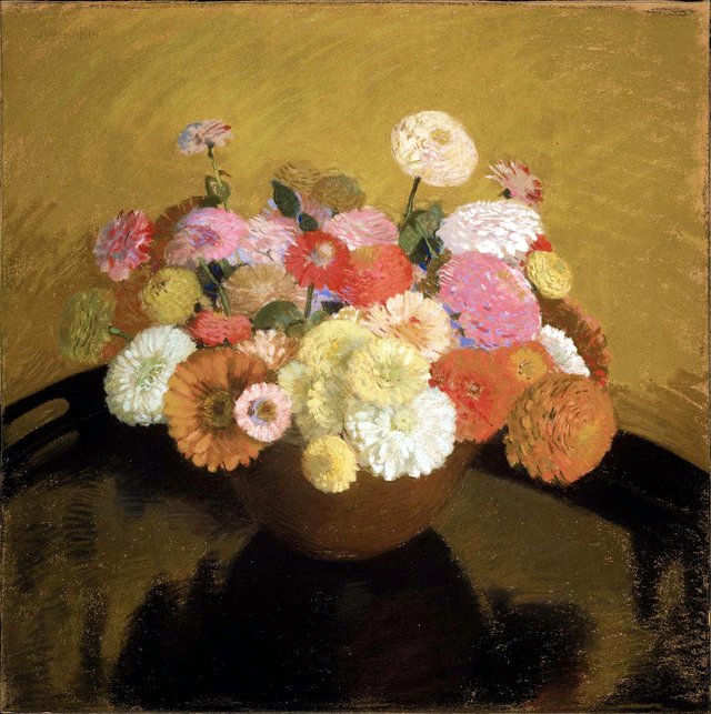 Bowl of Zinnias by Laura Coombs Hills