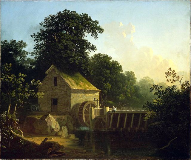 Landscape with Waterwheel and Boy Fishing by George Caleb Bingham