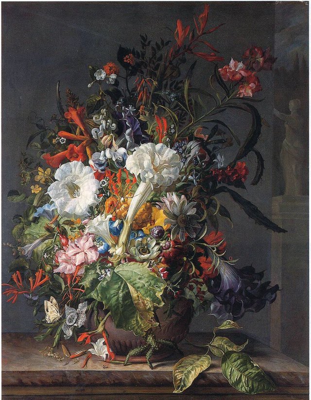 Still Life of Exotic Flowers on a Marble Ledge by Rachel Ruysch