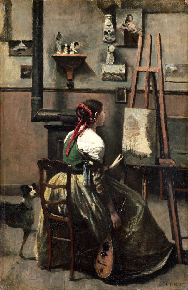 Corot's Studio: Woman Seated Before an Easel, a Mandolin in her Hand by Jean-Baptiste Camille Corot