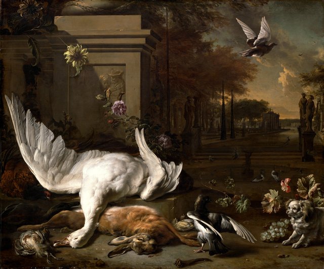 Still Life with Goose and Game before a Country Estate by Jan Weenix