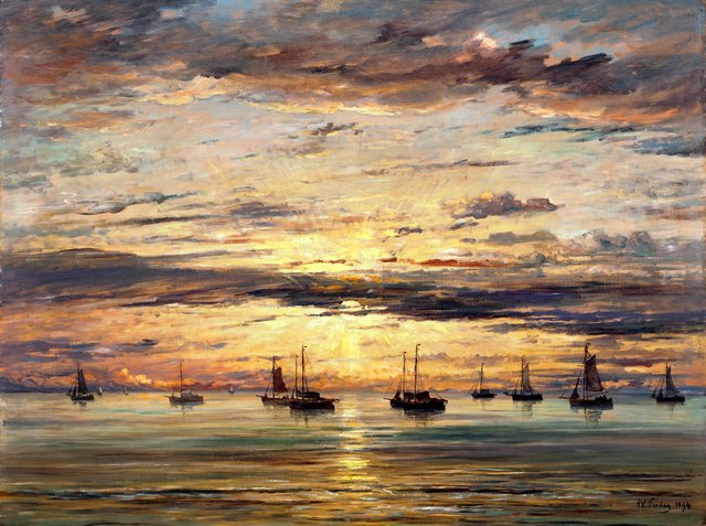 Sunset at Scheveningen:  A Fleet of Fishing Vessels at Anchor by Hendrik Willem Mesdag