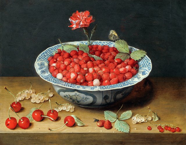 Wild Strawberries and a Carnation in a Wan-Li Bowl by Jacob van Hulsdonck
