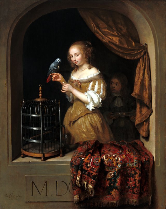 A Woman Feeding a Parrot, with a Page by Caspar Netscher