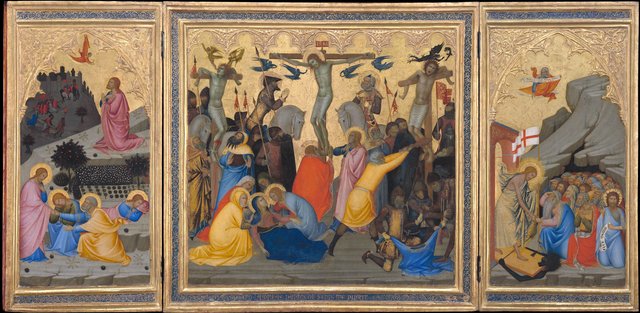 Scenes from the Passion of Christ: The Agony in the Garden, the Crucifixion, and the Descent into Limbo [entire triptych] by Andrea Vanni