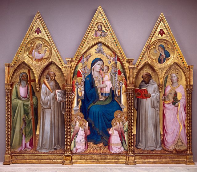 Madonna and Child with Saints Andrew, Benedict, Bernard, and Catherine of Alexandria with Angels [entire triptych] by Agnolo Gaddi