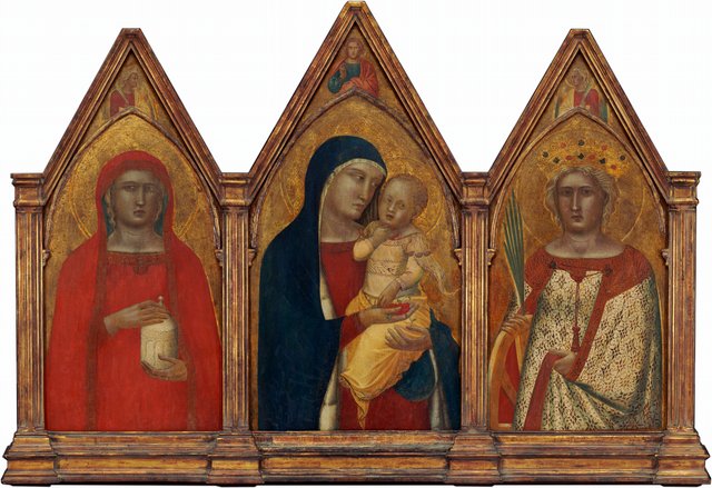 Madonna and Child with the Blessing Christ, and Saints Mary Magdalene and Catherine of Alexandria with Angels [entire triptych] by Pietro Lorenzetti