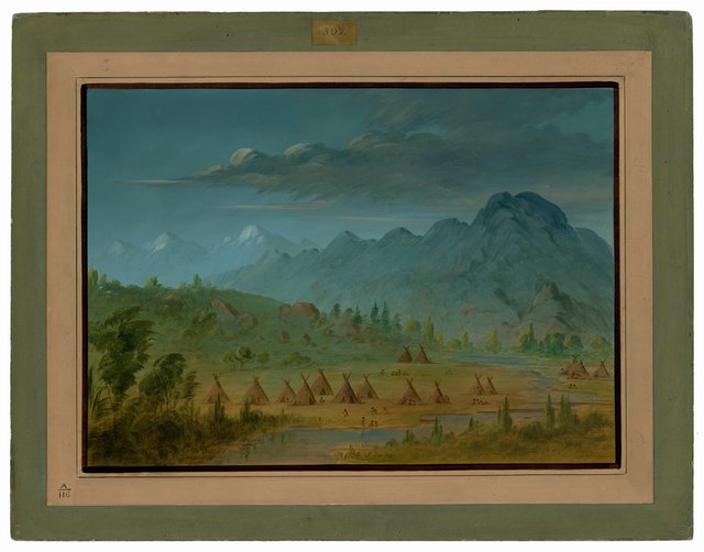 A Crow Village and the Salmon River Mountains by George Catlin