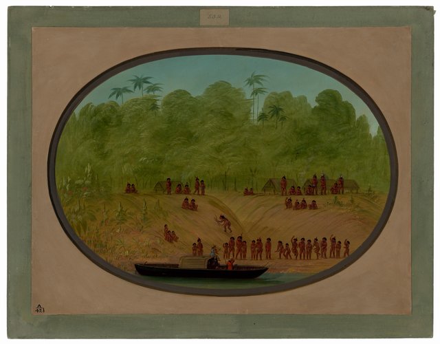 An Omagua Village - Boat Sketch by George Catlin