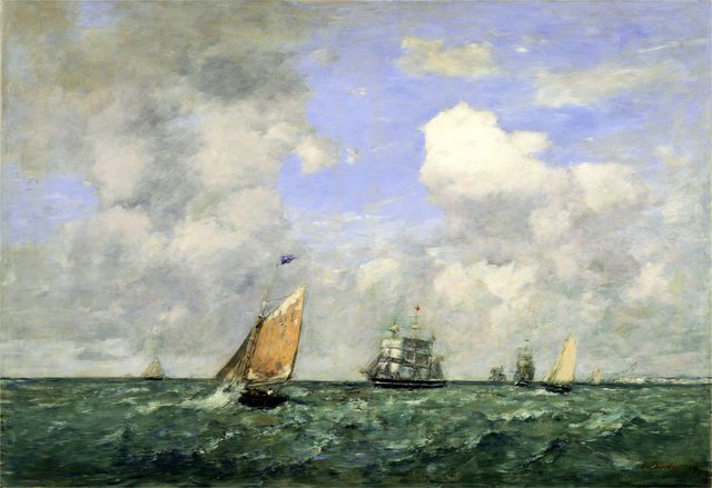 Ships and Sailing Boats Leaving Le Havre by Eugène Louis Boudin