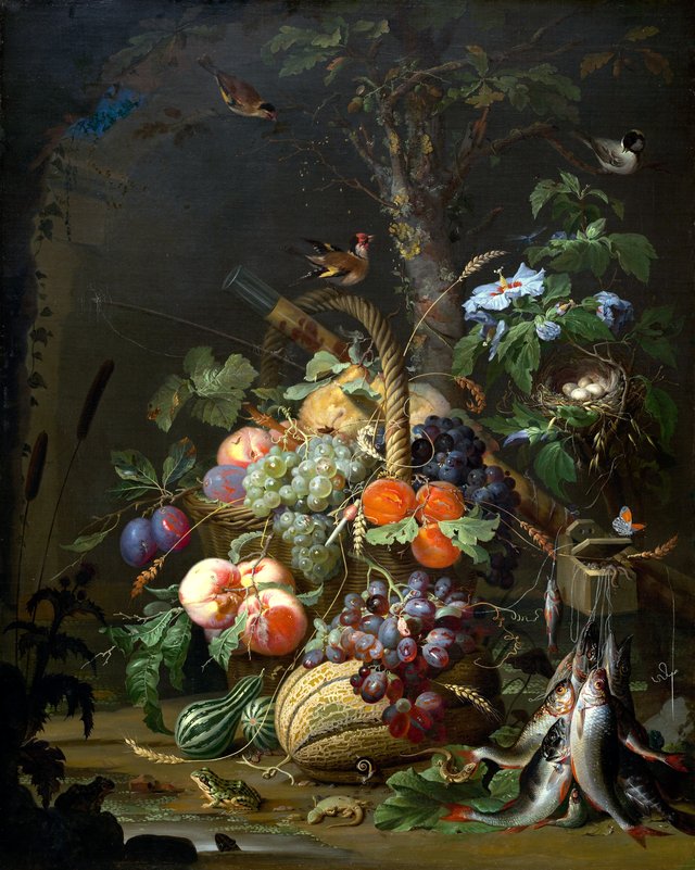 Still Life with Fruit, Fish, and a Nest by Abraham Mignon