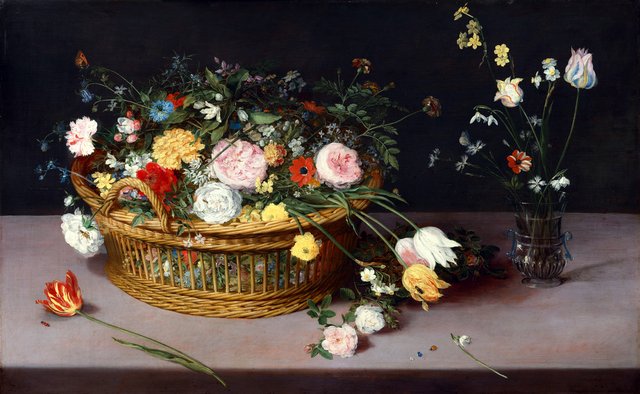 Flowers in a Basket and a Vase by Jan Brueghel the Elder