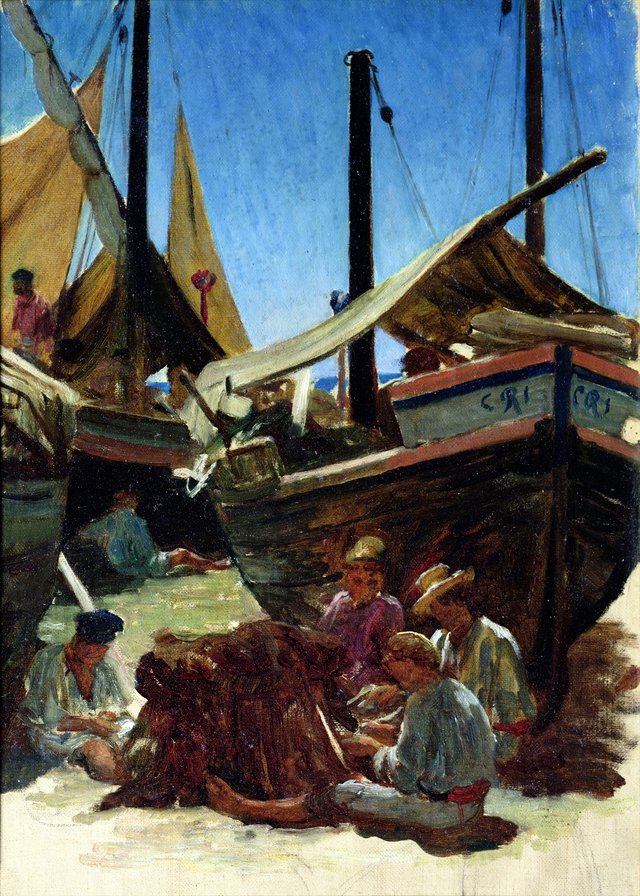 Porto d'Anzio, fishermen spreading their nets on the beach by Ernest Hébert