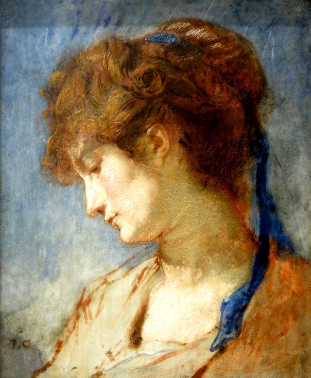 Head of a Woman with blue ribbon by Thomas Couture