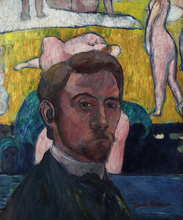 Self-portrait with the painting "Bathers with a Red Cow" by Émile Bernard