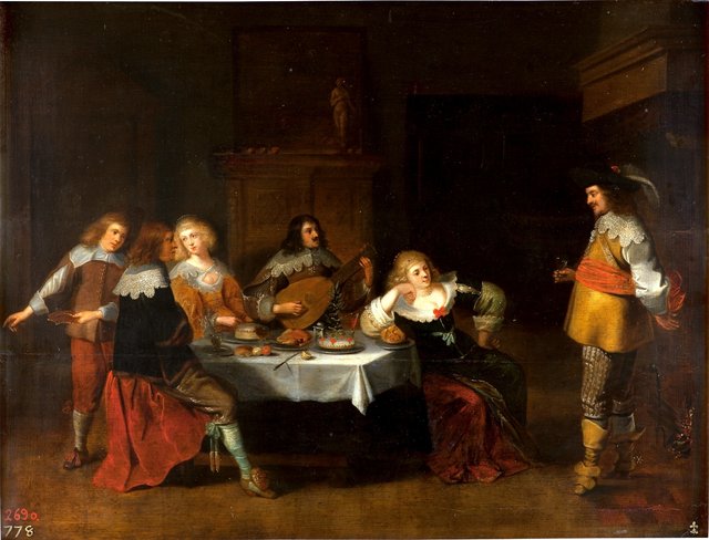 Elegant company in an interior oder Banquet of courtesans and soldiers by Christoffel Jacobsz van der Laemen