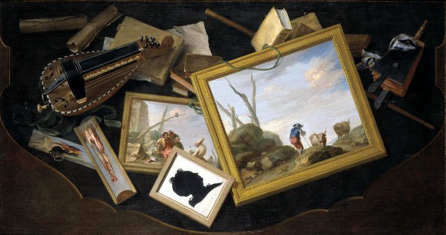 Trompe-l'œil of a Table in a Mess with Paintings, a Hurdy-Gurdy, Books and Other Objects by Charles Joseph Flipart