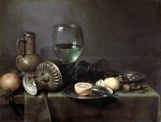 Still Life with Beer-pitcher and Orange by Willem Claesz. Heda