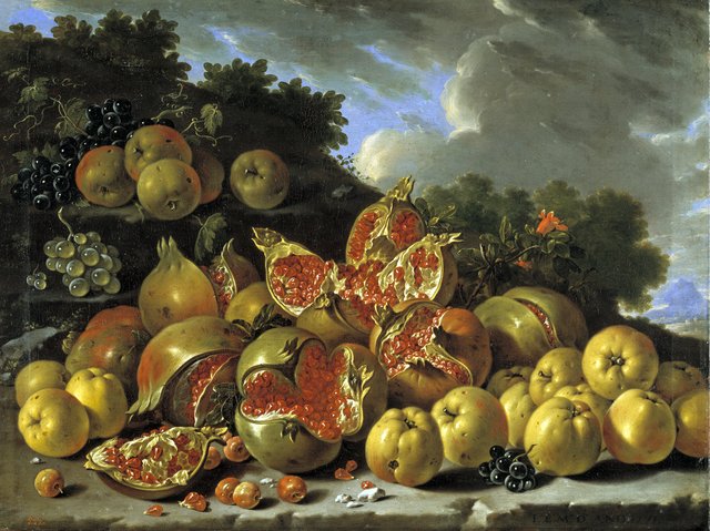 Pomegranates, apples, haws and grapes in a landscape by Luis Egidio Meléndez