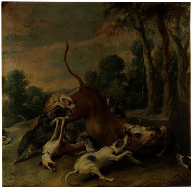 A bull overpowered by dogs by Frans Snyders