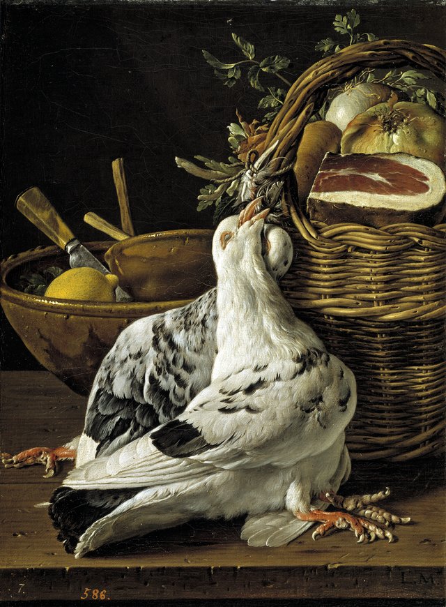 Bodegón con pichones cesta de comida y cuencos by Luis Egidio Meléndez