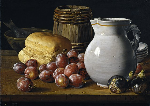 Still Life with Plums Figs Bread Barrel Jug and Other Vessels by Luis Egidio Meléndez