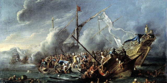 Combate naval entre españoles y turcos by Cornelis de Wael