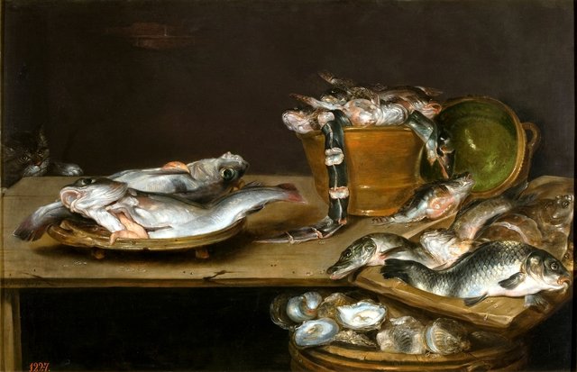 Still Life of Fish and Oysters with a Cat by Alexander Adriaenssen