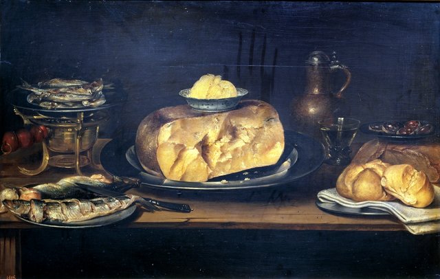 Still life of a table with crockery, cheese, sausage and fish by Alexander Adriaenssen