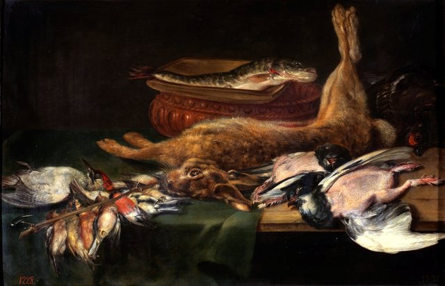 Still life with a hare, dead birds and fish by Alexander Adriaenssen