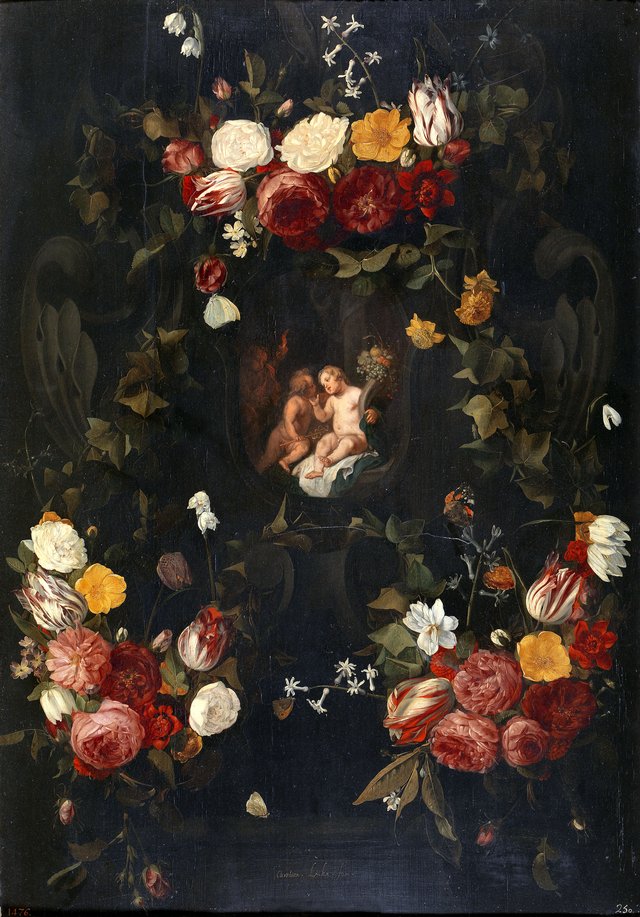 Garland with three putti by Carstian Luyckx