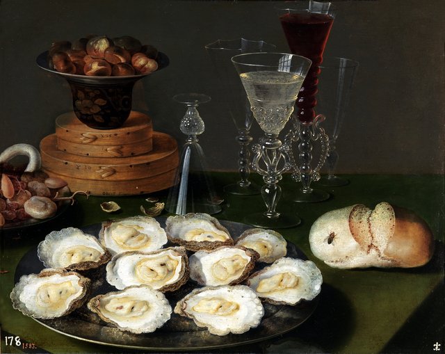 Stilleven met oesters, brood, kastanjes en glaswerk by Osias Beert