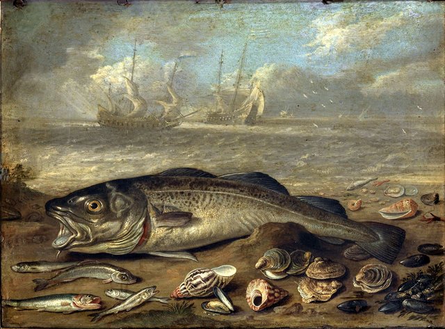 Strand met vissen en schelpen; in de achtergrond twee zeilschepen by Jan van Kessel the Elder