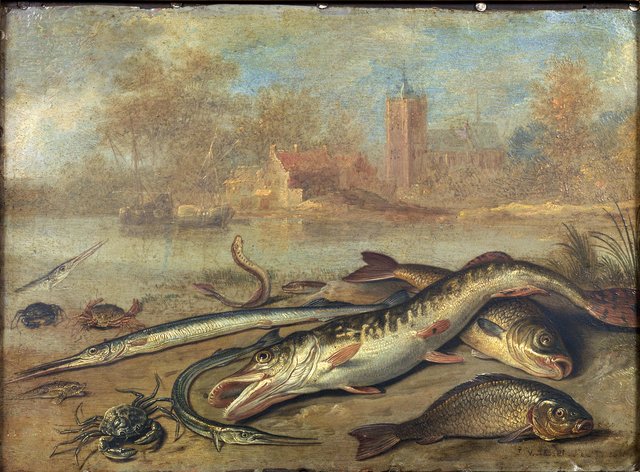 Riviervissen op de oever, aan de oeverkant van het water een dorp by Jan van Kessel the Elder