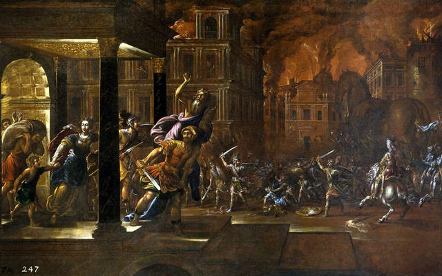 Aeneas flees the burning Troy with his family by Juan de la Corte