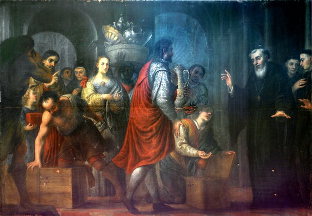 San Agustín recibiendo donaciones de los ricos para entregarlas a los pobres by José García Hidalgo