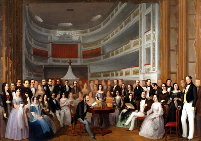 Ventura de la Vega reading a play at the Teatro del Príncipe by Antonio María Esquivel