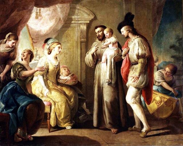 San Francisco con un niño en los brazos delante de tres damas by José Camarón y Bonanat