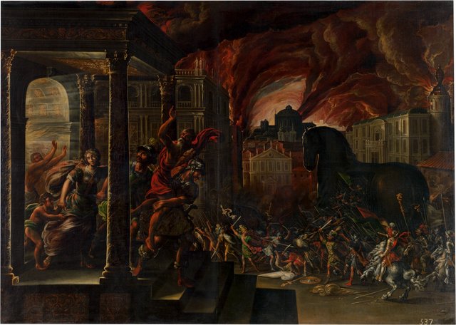 Aeneas and his family fleeing the burning city of Troy, with the Trojan horse in the background by Juan de la Corte