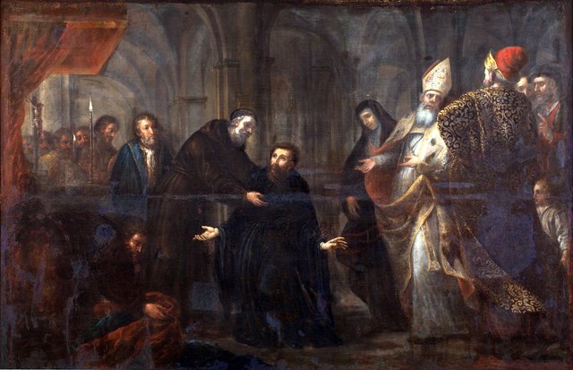 San Ambrosio imponiendo el hábito a San Agustín by José García Hidalgo