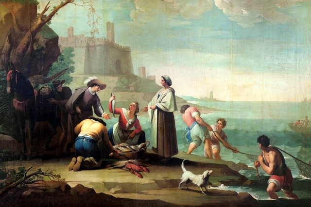 Tres marineros tirando la red y una mujer vendiendo pescado by Zacarías González Velázquez