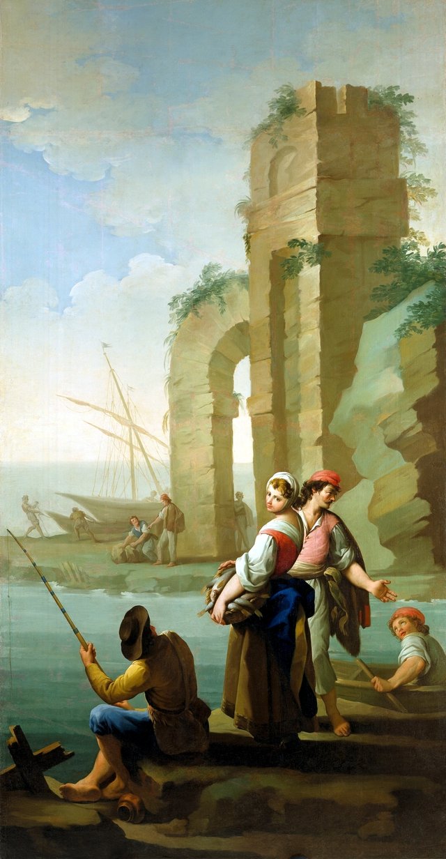 Pescadores y una mujer con una cesta de peces by Zacarías González Velázquez