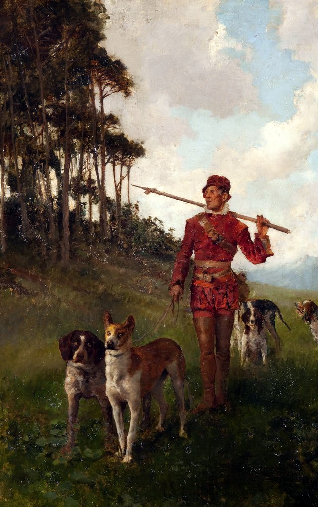 Montero con perros by José Moreno Carbonero