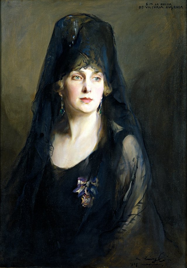 Victoria Eugenie of Battenberg with mantilla by Philip de László