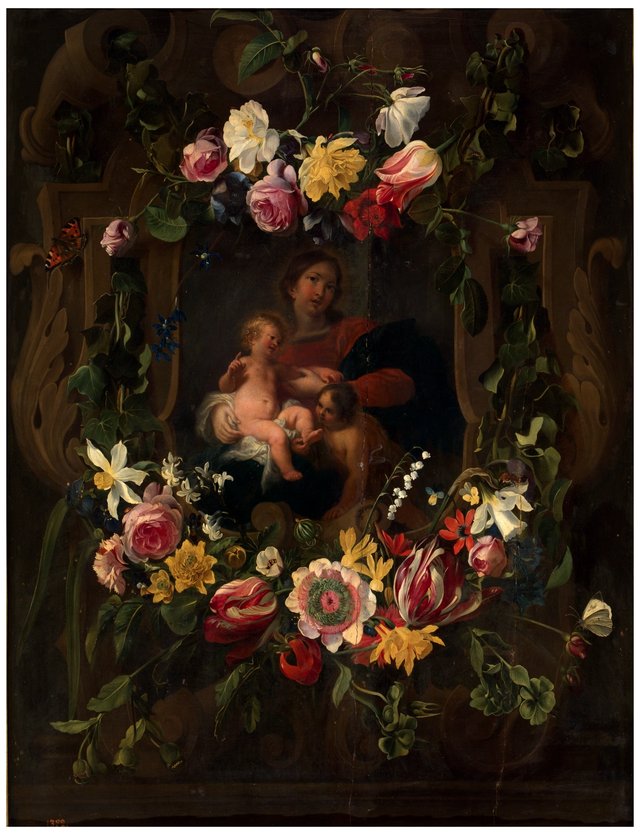 Sculpted cartouche adorned with flowers with a representation of the Virgin and Child with Saint John by Cornelis Schut III
