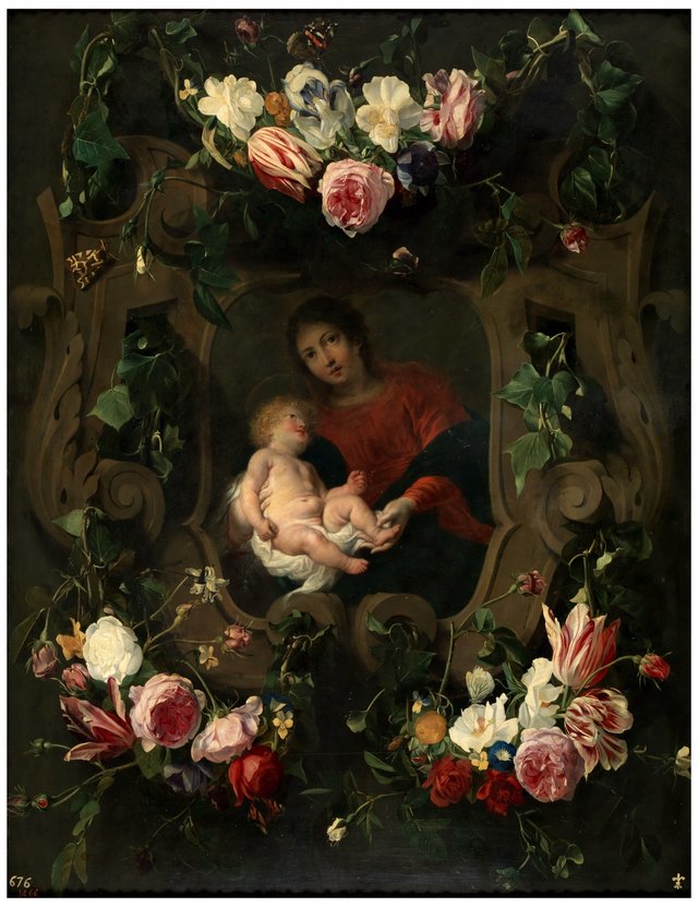 Flower garland around the Virgin and Child by Cornelis Schut III