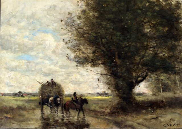 Hay wagon (the wagon moves a ford next a large tree) by Jean-Baptiste Camille Corot